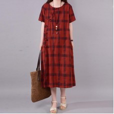 fashion natural cotton dress plus size Lattice Round Neck Short Sleeve Red Cotton Dress