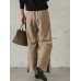 Women Pure Color Side Button Elastic Waist Casual Wide Leg Pants With Pocket